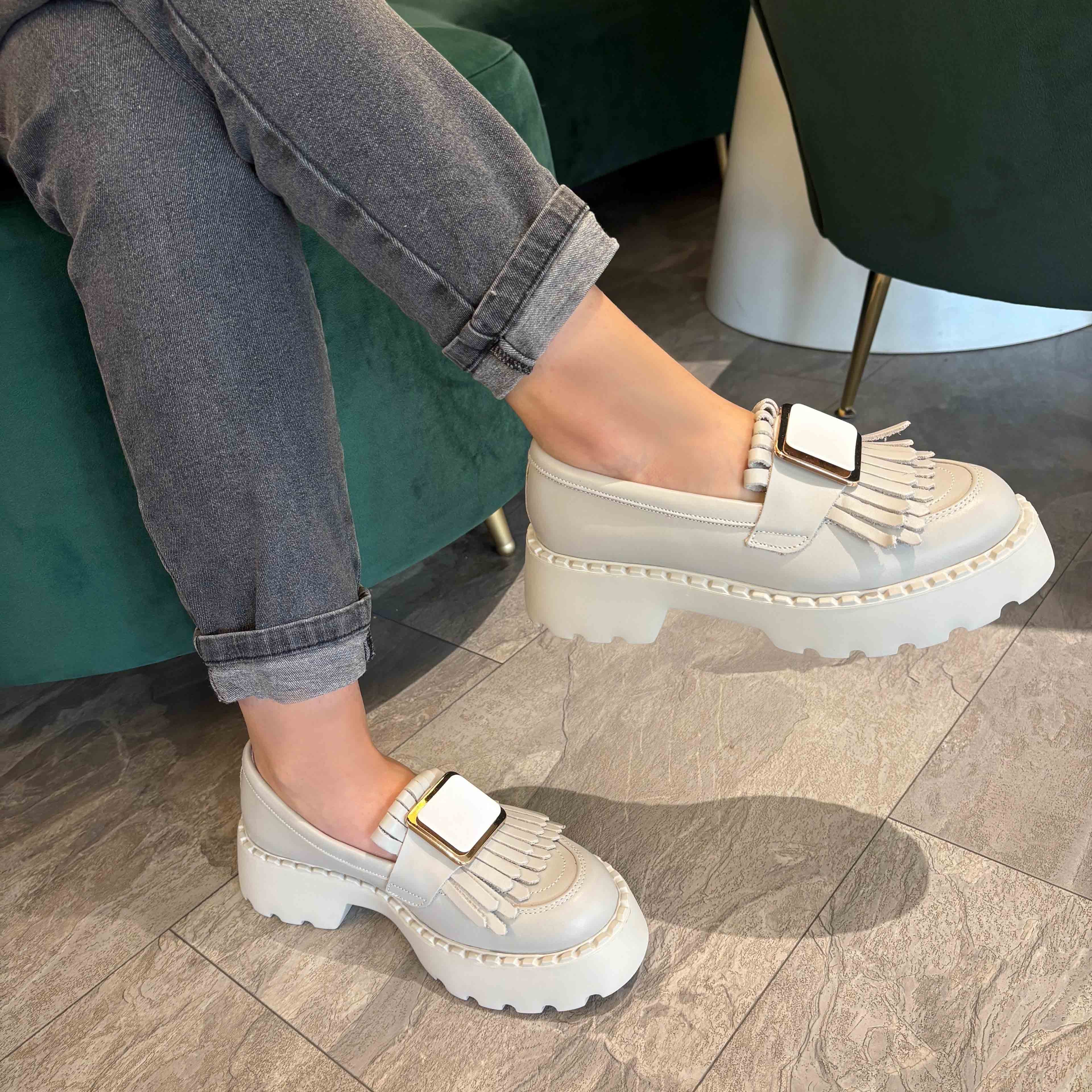 Mocasini dama alb-natur, 139, din piele naturala