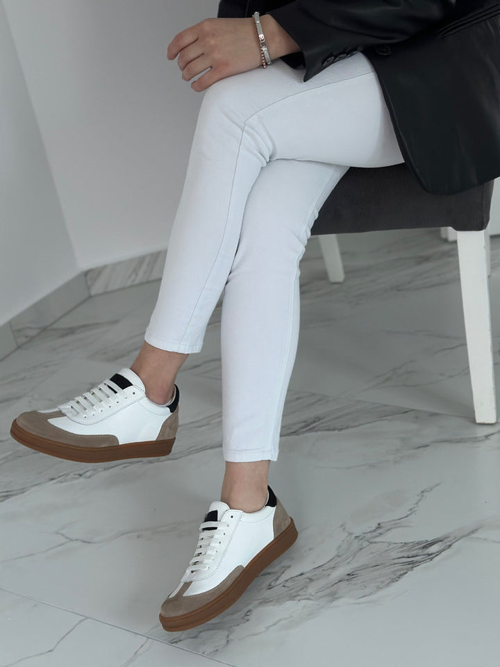 Pantofi sport alb-bej, cod 128, din piele naturala