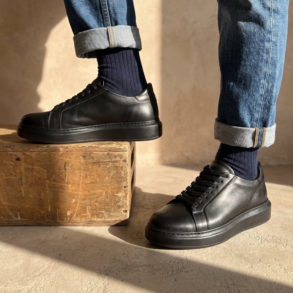 Adidasi barbati din piele naturală, M-112, negru - Paul Style