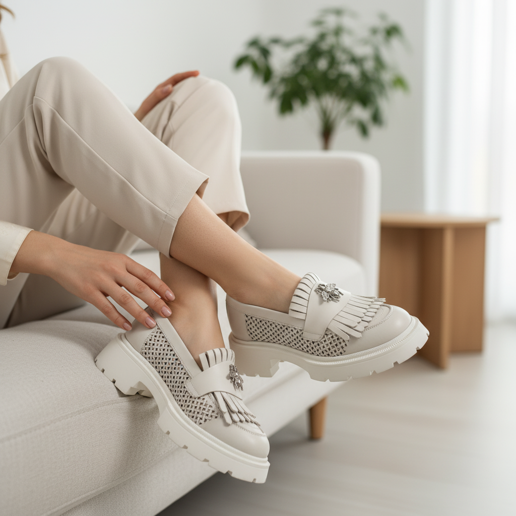 Mocasini dama alb-natur, 131, din piele naturala perforata cu laserul