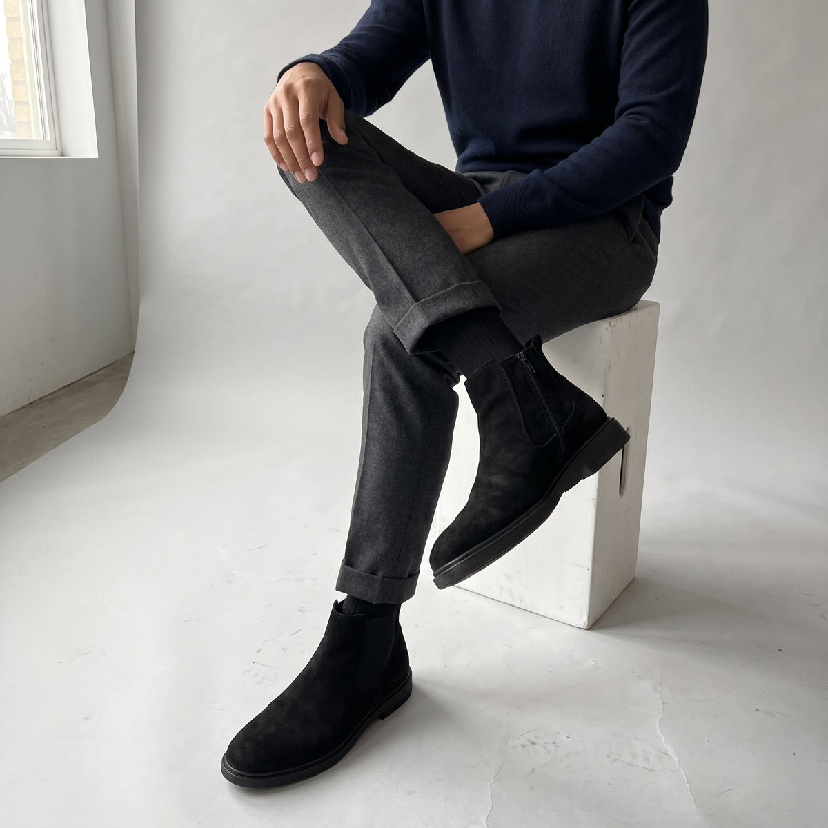 Ghete barbati din piele naturală, A-971, negru-velur - Paul Style