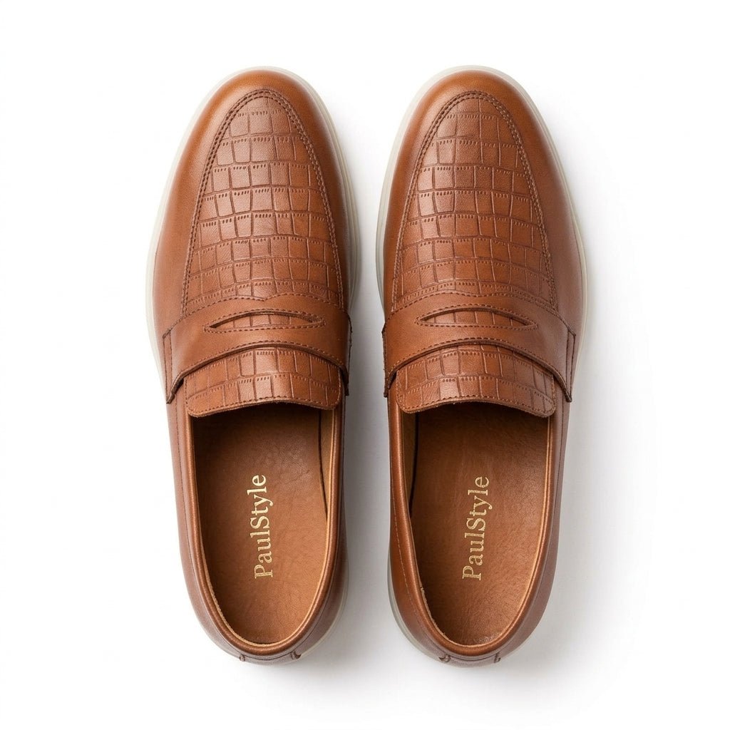 Mocasini barbati din piele naturală maro-croco, M-8093 - Paul Style