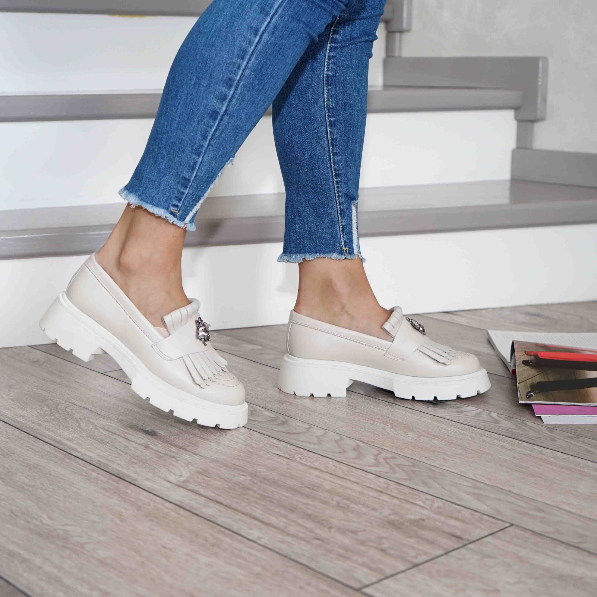 Mocasini dama alb - natur, 131, din piele naturala - Paul Style