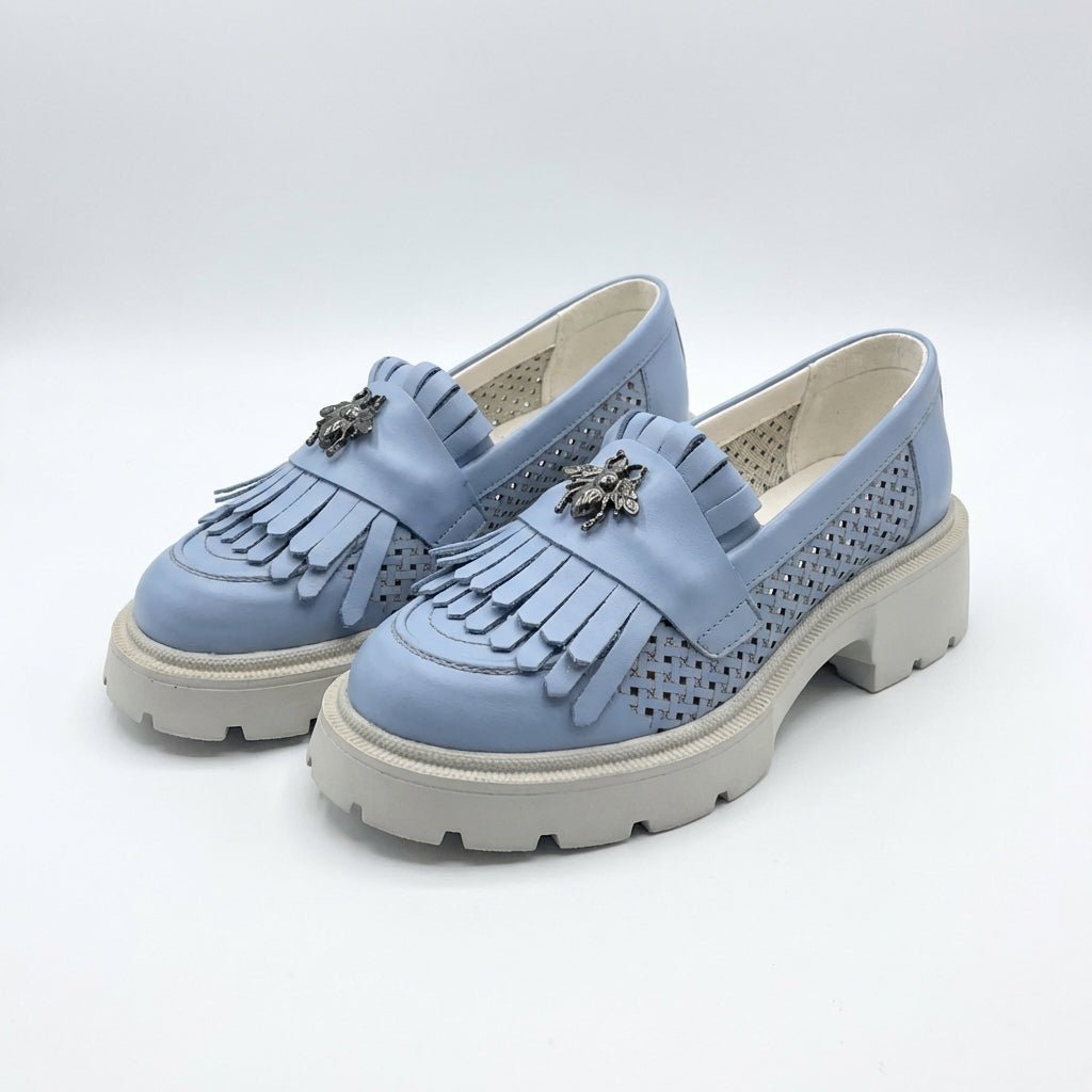Mocasini dama albastri, 131, din piele naturala perforata cu laserul - Paul Style