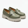 Women's green loafers with buckle, Ionela-203, made of natural leather