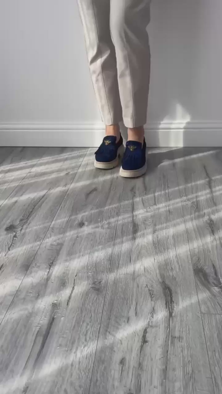 Mocasini dama bleumarin-velur 231, din piele naturala