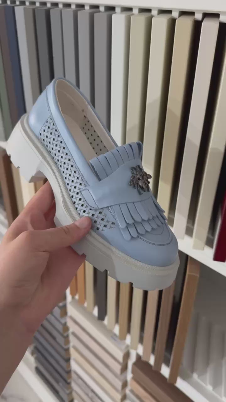 Mocasini dama albastri, 131, din piele naturala perforata cu laserul