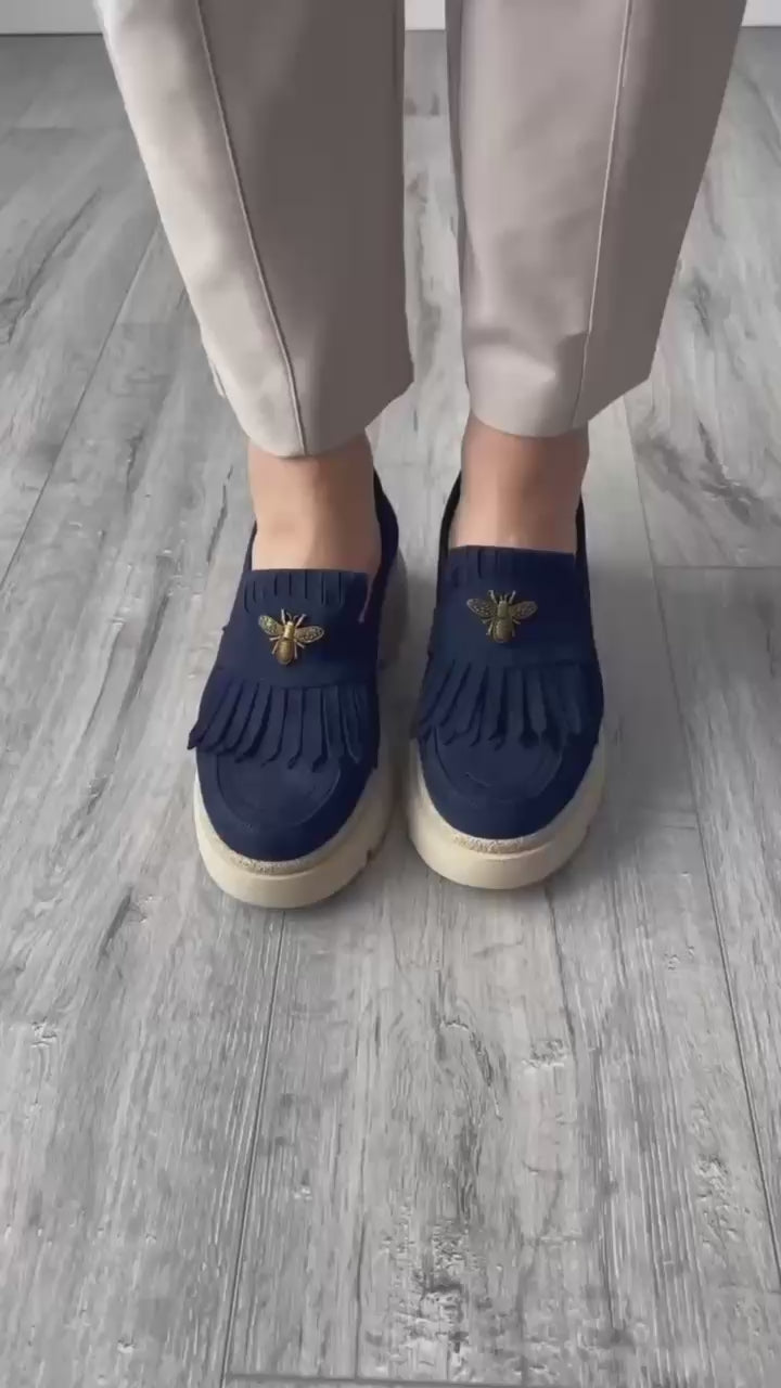 Mocasini dama bleumarin-velur 231, din piele naturala