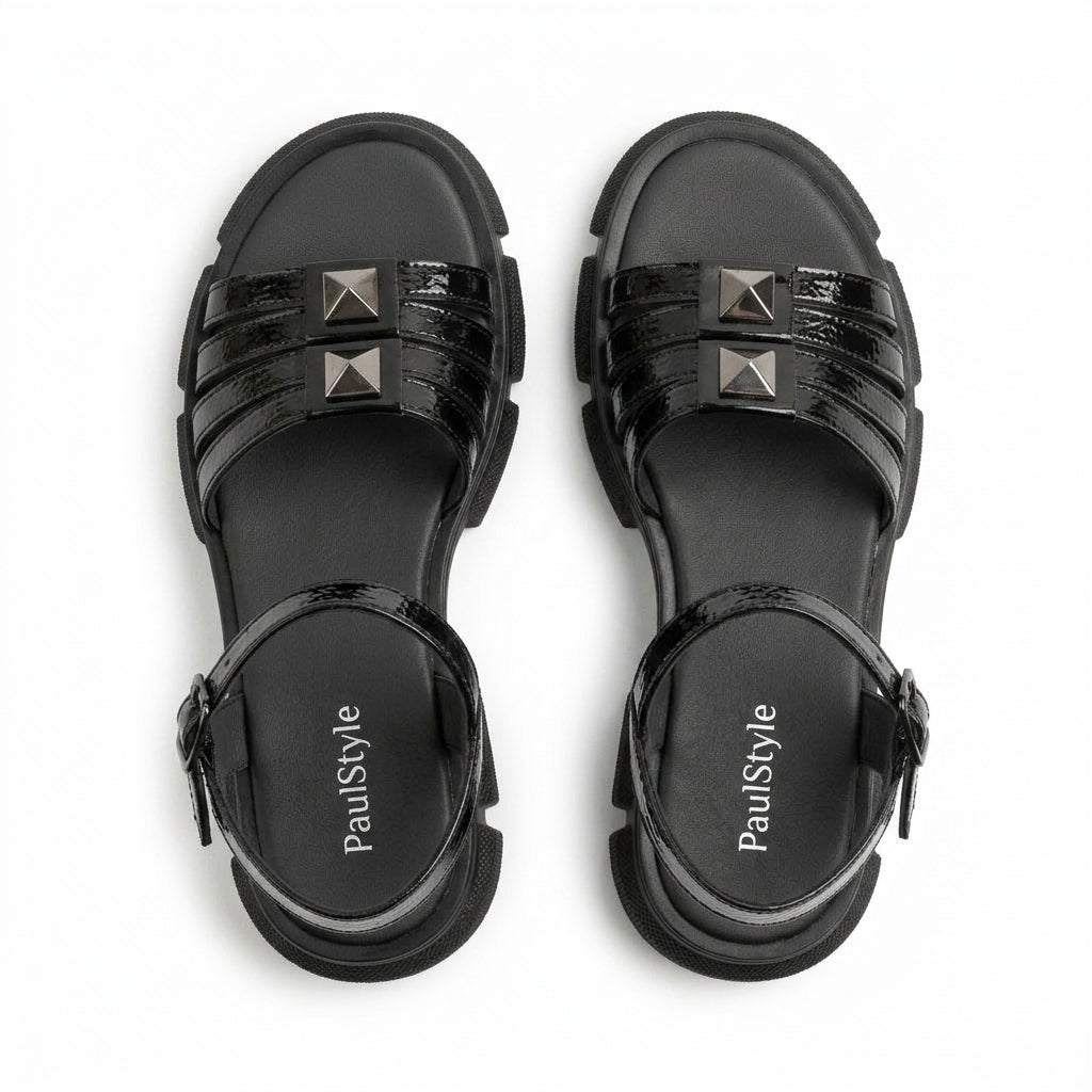 Sandale dama negru - lac, R - 06, din piele naturala - Paul Style