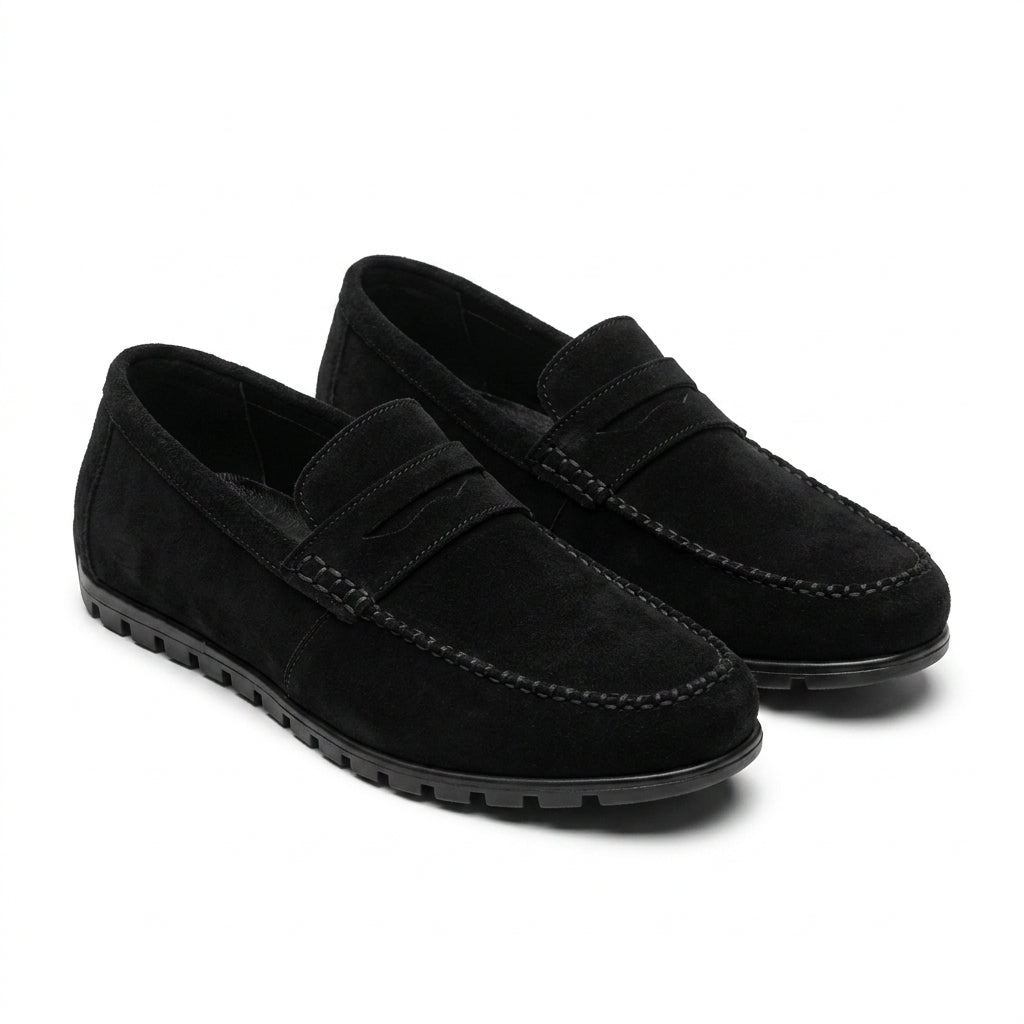 Mocasini  barbati din piele naturală, negru-velur, A-163