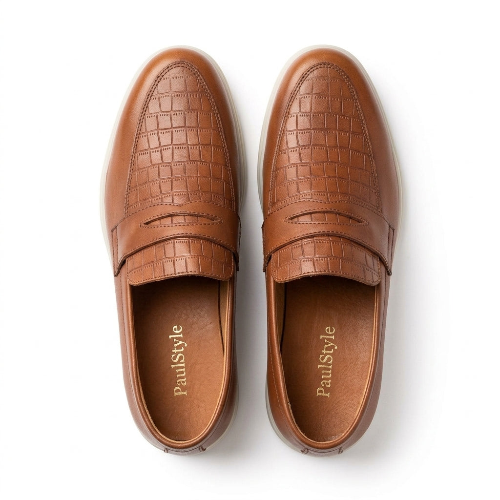 Mocasini  barbati din piele naturală maro-croco, M-8093