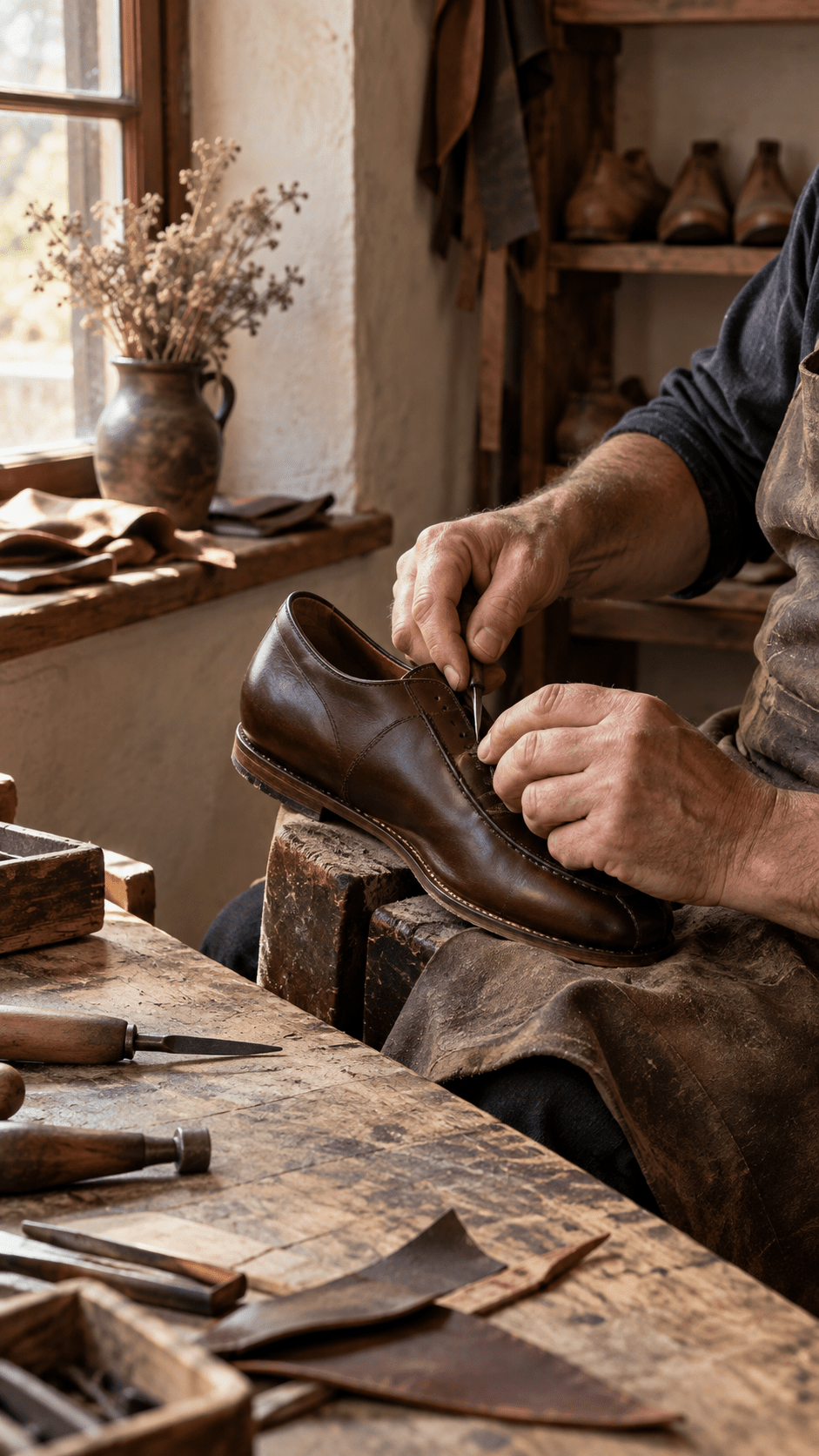 Meșter care lucrează manual un pantof din piele naturală într-un atelier din Bucovina